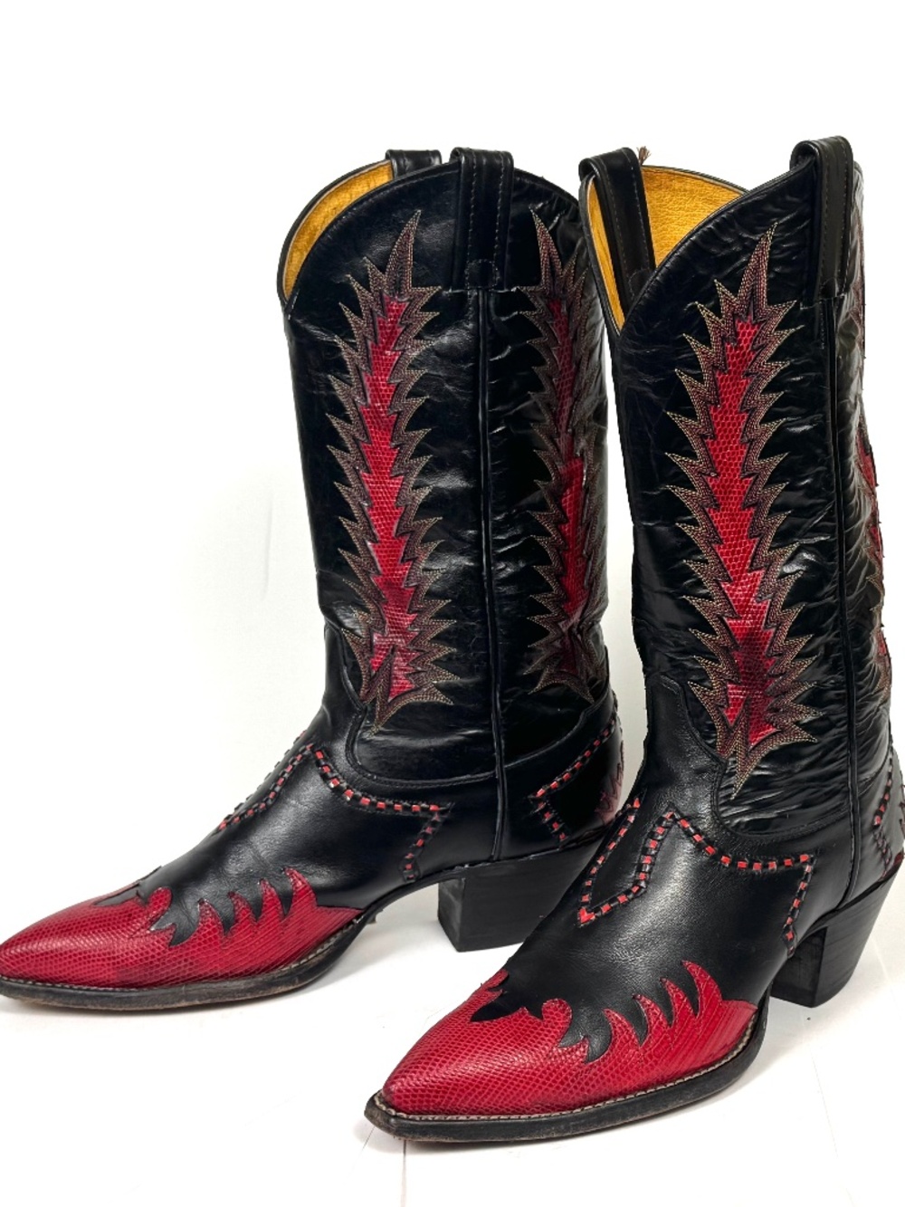Tony Lama Classic Firewalker Black Cowboy Boots - Mens 8D Red Lizard Inlaid - Picture 9 of 12